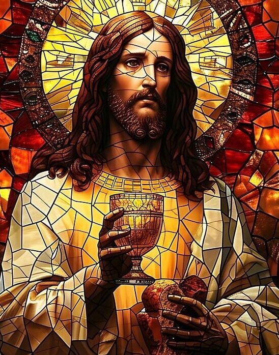 Mosaico de Jesus Cristo segurando o cálice e o pão consagrado, representando a Eucaristia.