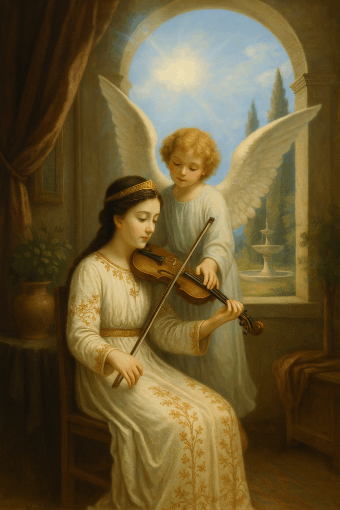 Pintura clássica de Santa Cecília criança, com vestido branco decorado em dourado, aprendendo a tocar violino com a orientação de um anjo de túnica clara e asas abertas, em seu quarto iluminado por uma janela com jardim ao fundo.