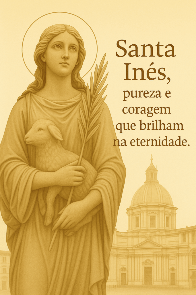 Santa Inês com expressão serena e a frase: "pureza e coragem que brilham na eternidade"