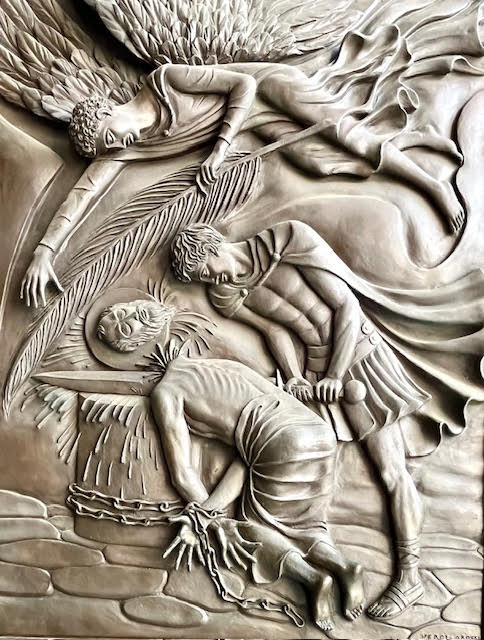 Relevo do martírio de São Paulo, recordando a Abadia das Três Fontes, onde foi decapitado por amor a Cristo.