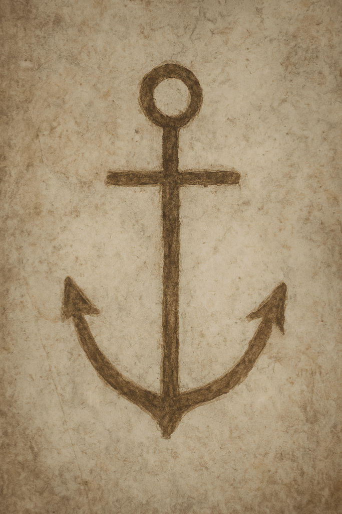 Desenho de uma âncora em estilo antigo sobre superfície de pedra, semelhante aos símbolos encontrados nas catacumbas cristãs de Roma.