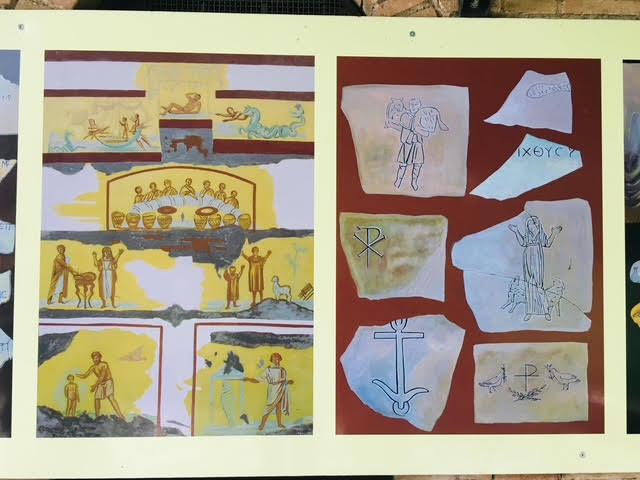 Ilustrações de símbolos  encontrados nas Catacumbas Romanas — uma profissão silenciosa de fé.
Jonas é engolido pelo peixe e liberto ao terceiro dia, figura da Ressurreição.
Os fiéis partilham o pão da Ceia, imagem da Eucaristia.
O Bom Pastor carrega a ovelha perdida, símbolo do Cristo que salva.
O batismo purifica e o orante oferece sua vida a Deus.
Entre sombras e luzes, os primeiros cristãos ensinaram o essencial:
a fé, a esperança e o amor não podem ser apagados nem sob a terra.