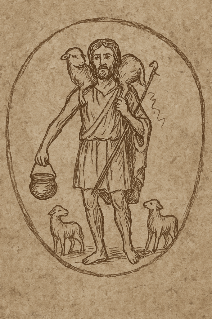 Desenho do Bom Pastor em estilo de catacumba, representando Cristo com uma ovelha nos ombros e duas aos seus pés, símbolo do cuidado e da salvação.