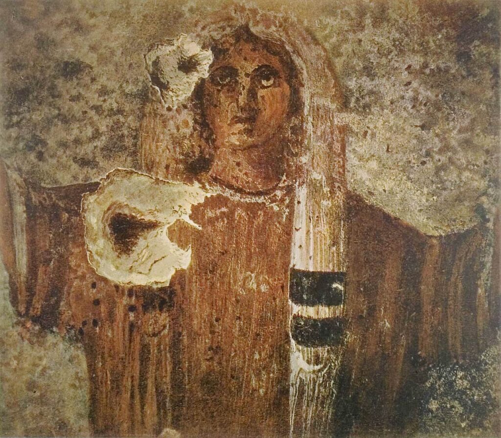 mulher orante na catacumba de priscila em roma afresco cristão primitivo.